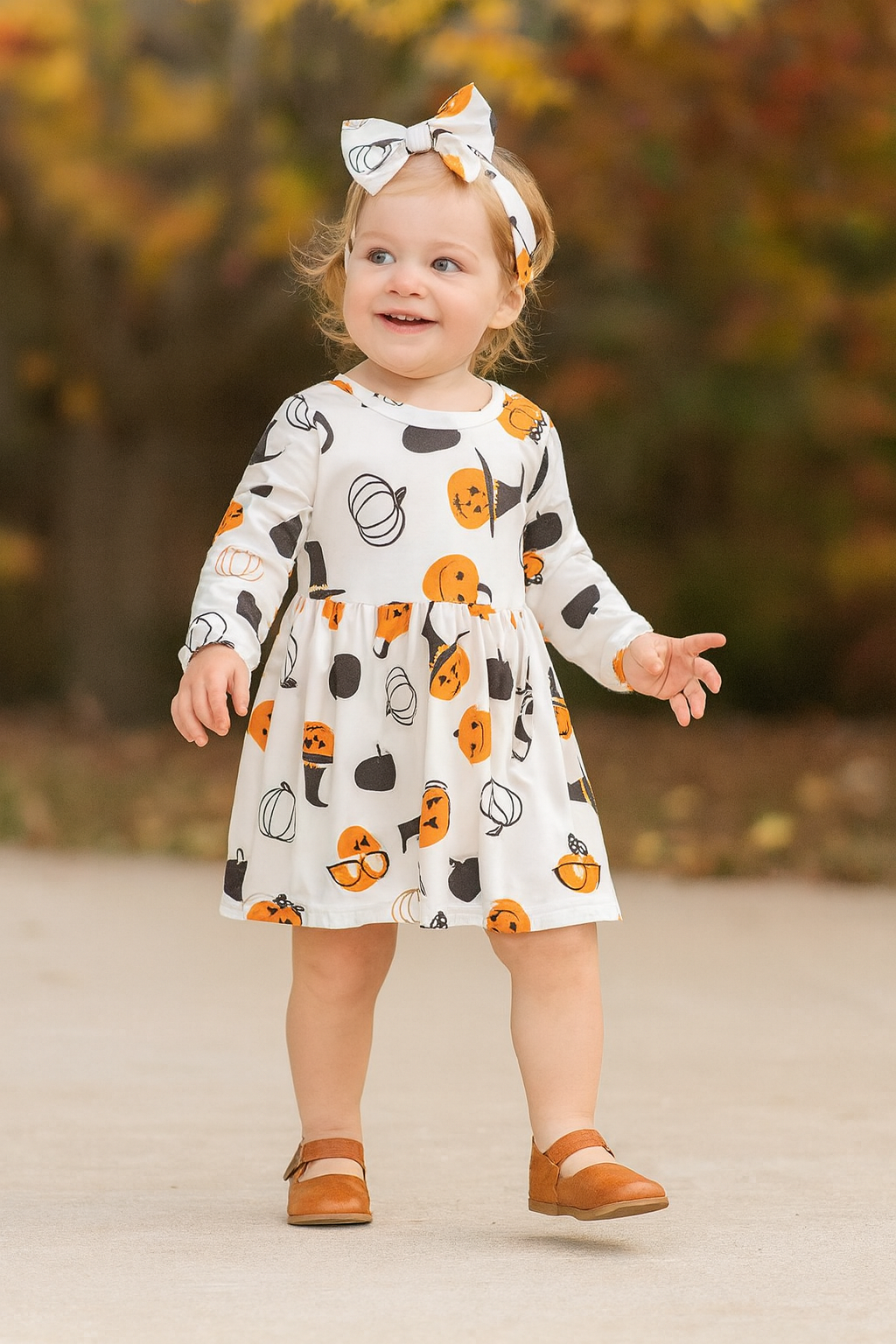 Pumpkin Print Cotton White Dress & Headband/Belt