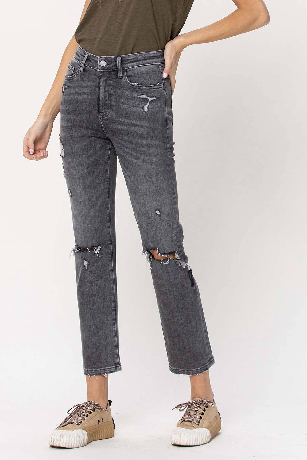 HIGH RISE DISTRESSED CROPPED STRAIGHT JEANS T5180