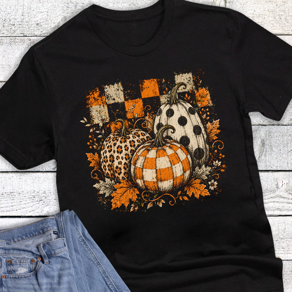 Fall Check Pumpkin Trio Leopard Polka Graphic Tee