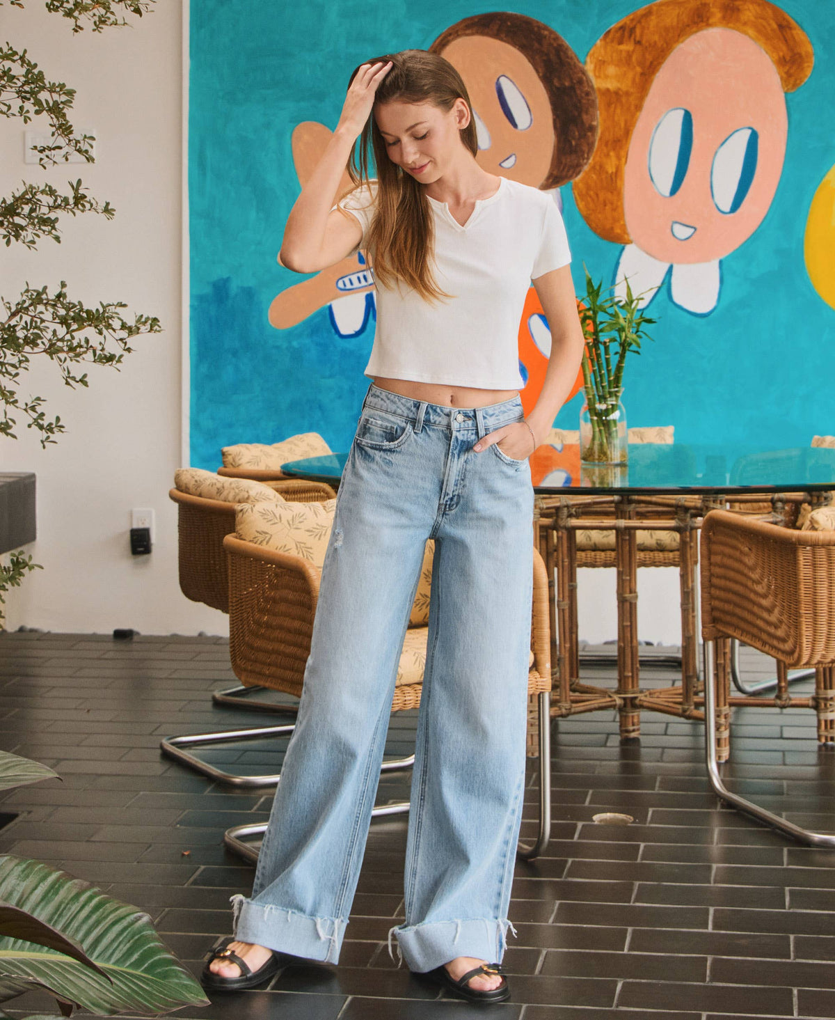 SUPER HIGH RISE CUFFED BAGGY WIDE LEG JEANS T6512