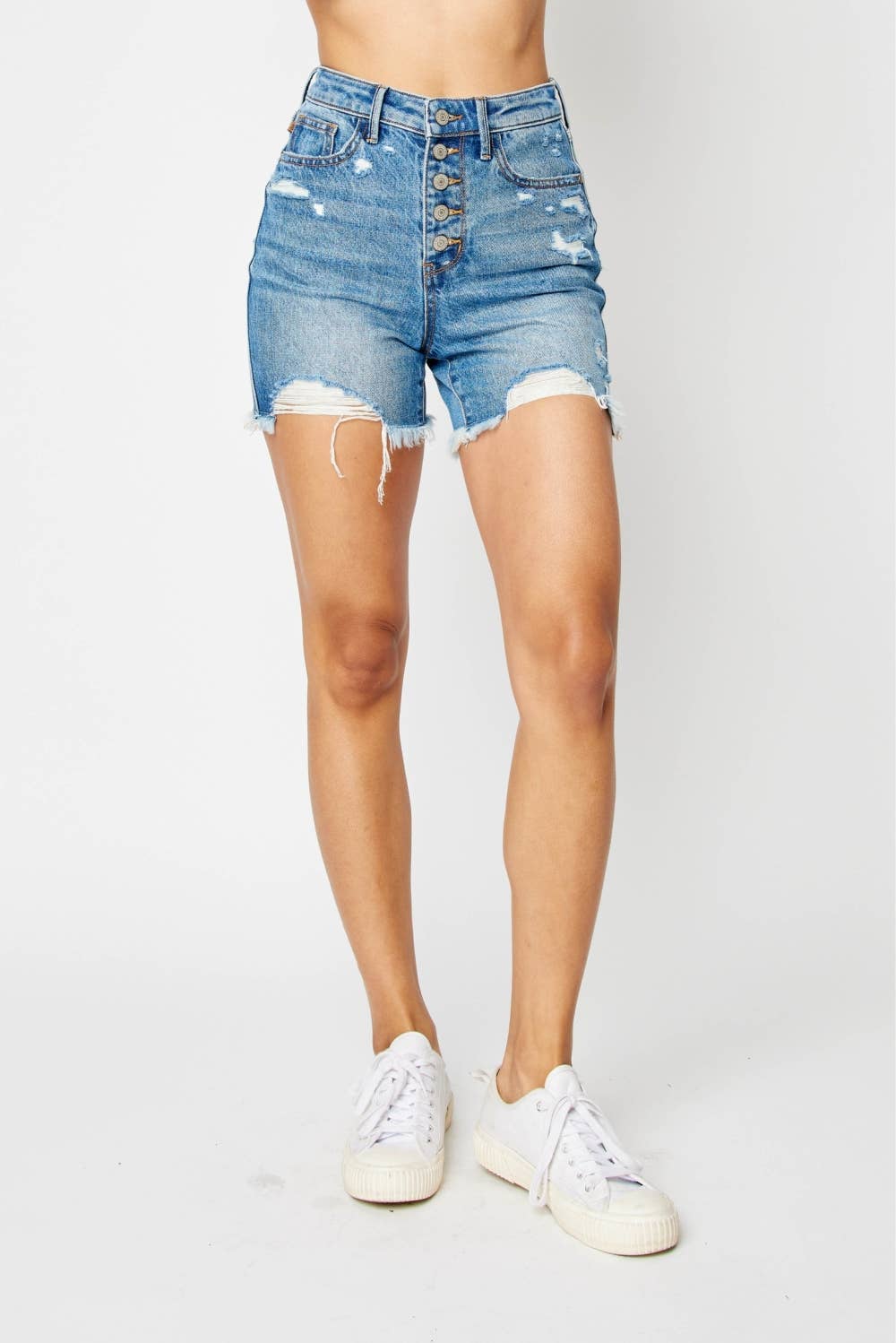 Judy Blue Jeans- HW Rigid Magic Destroy & Btn Fly Cut Off Shorts (XL Only)