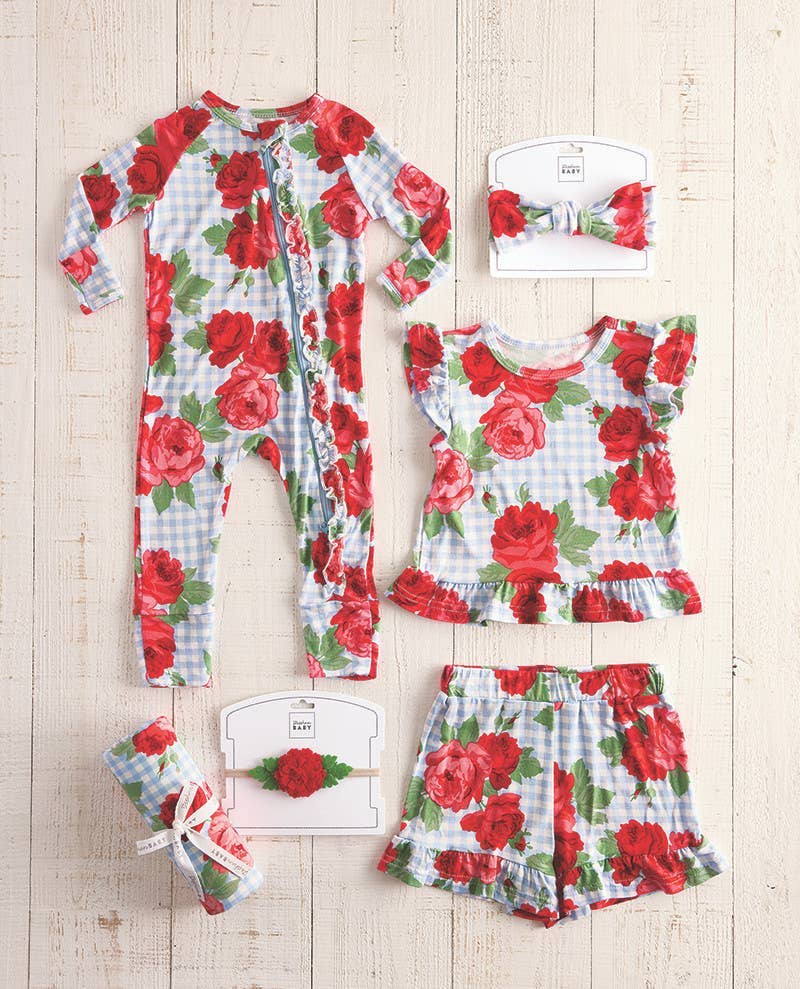 Cozy Romper - Blue Gingham + Red Roses