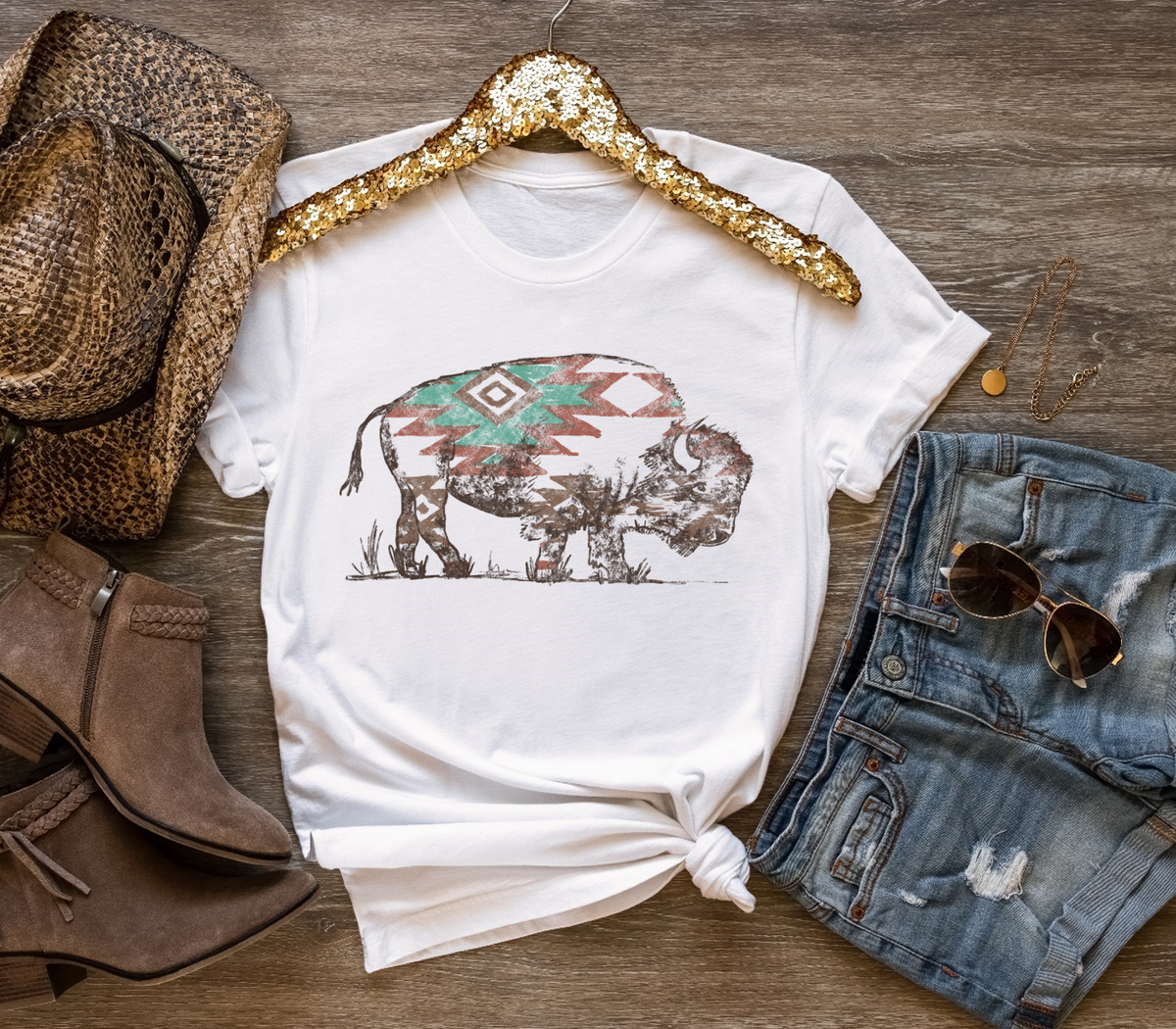 Western Boho Aztec Buffalo southwest Bison Graphic Tee
