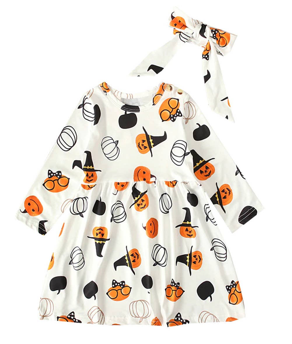 Pumpkin Print Cotton White Dress & Headband/Belt