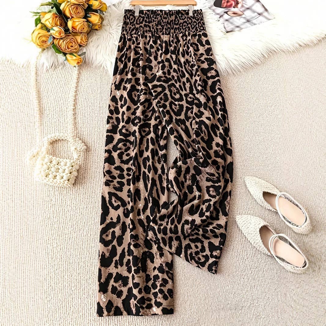 Leopard Print Wide Leg Elastic Waist Casual Pant