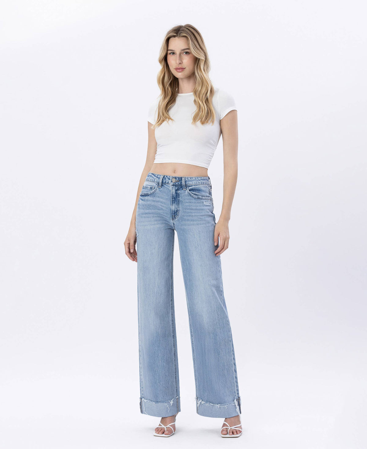 SUPER HIGH RISE CUFFED BAGGY WIDE LEG JEANS T6512