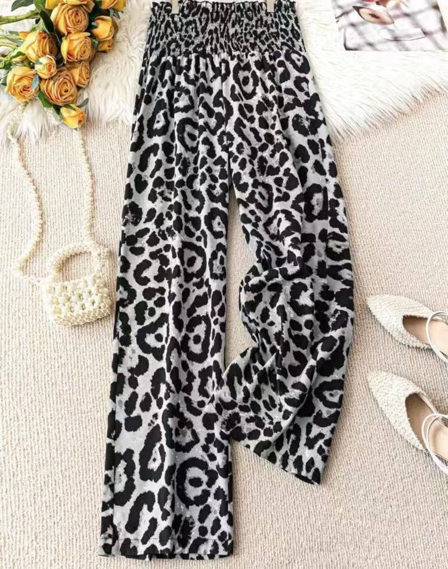 Leopard Print Wide Leg Elastic Waist Casual Pant
