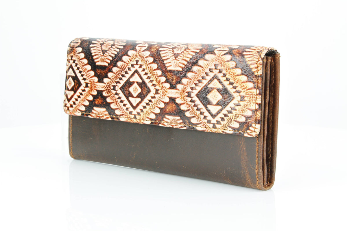 Women’s Rustic Tan Aztec Leather Clutch Wallet ABLW 18-2501