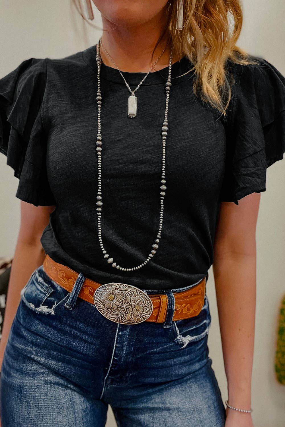 Dark Grey Layered Ruffle Short Sleeve Round Neck Top