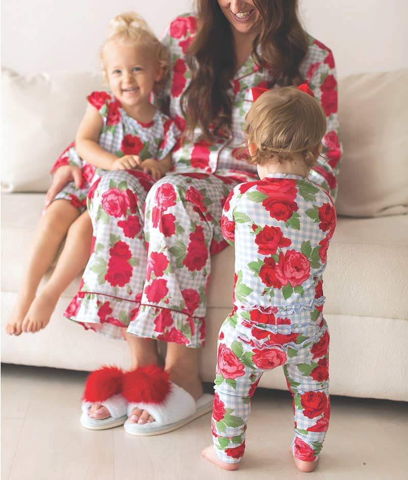 Cozy Romper - Blue Gingham + Red Roses