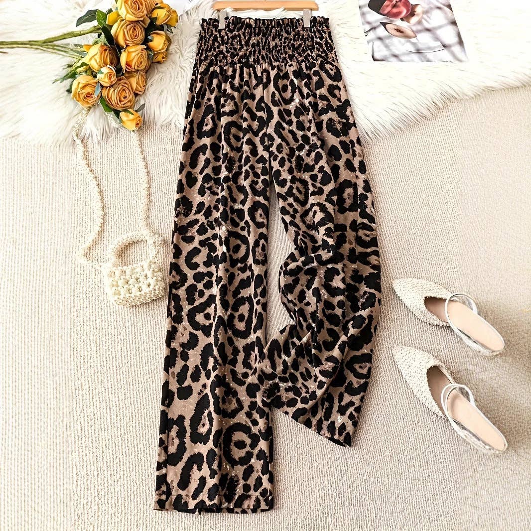 Leopard Print Wide Leg Elastic Waist Casual Pant