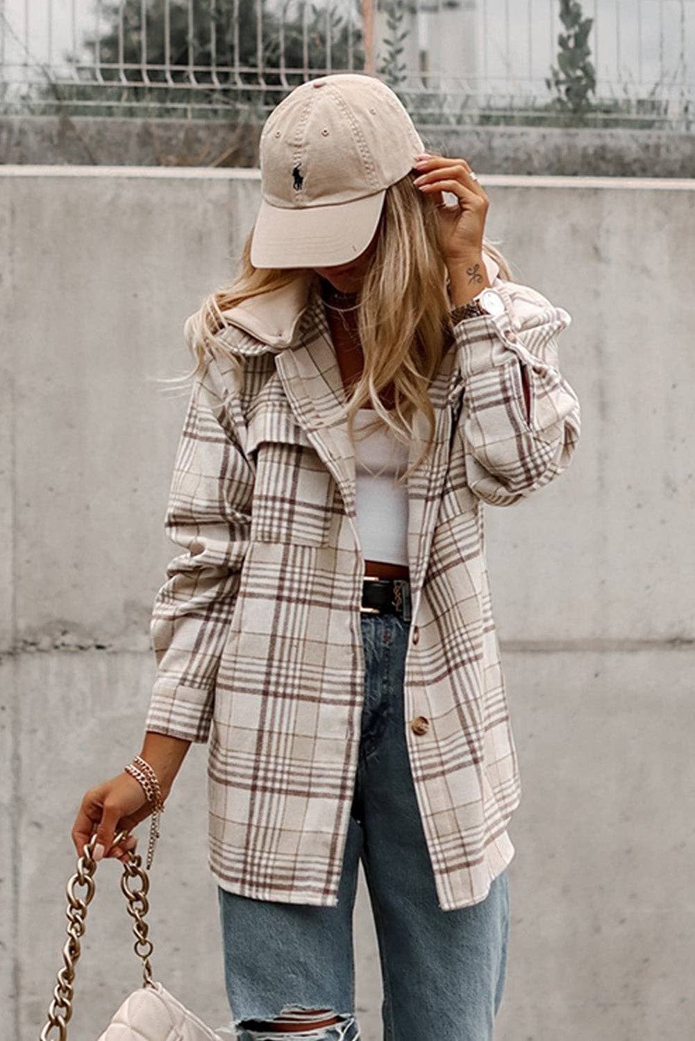 Khaki Plaid Shirt emovable Hood Buttoned Shacket for Women