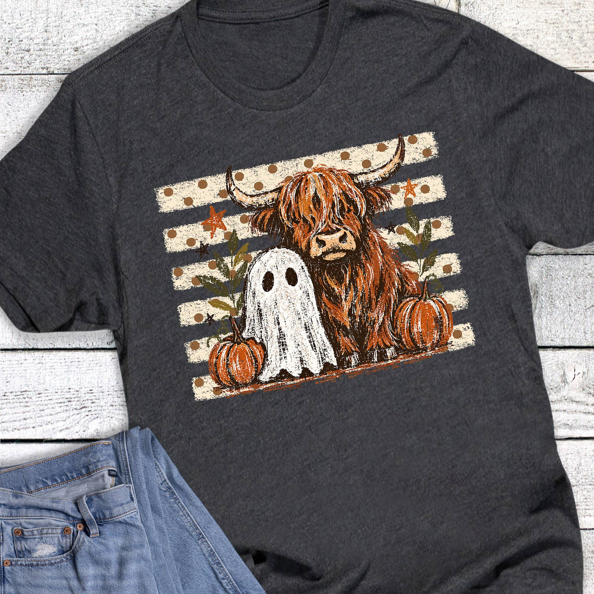 Halloween Cow Ghost Pumpkins Stripes Graphic Tee