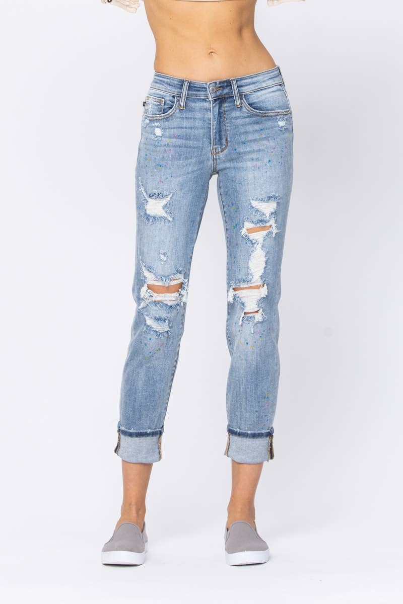 Judy Blue Jeans- MID-RISE BOYFRIEND PAINT SPLASH DESTROYED (Size 15 only)